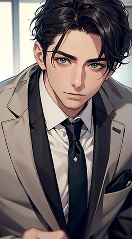 (Highest quality,4K,8K,High resolution,masterpiece:1.2),Super detailed,(Realistic,photoRealistic,photo-Realistic:1.37),1 person,35 years old,Mature Men,Beautiful skin、very handsome,Expressionless,Short gray Black hair,green eyes,Sharp Eyes,A perfect face without a doubt,Businessman, CEO, Office Background,Cinema Lighting,HDR image,tie、