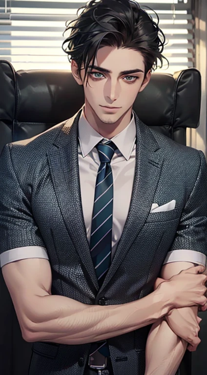 (Highest quality,4K,8K,High resolution,masterpiece:1.2),Super detailed,(Realistic,photoRealistic,photo-Realistic:1.37),1 person,35 years old,Mature Men,Beautiful skin、very handsome,Expressionless,Short gray Black hair,green eyes,Sharp Eyes,A perfect face without a doubt,Businessman, CEO, Office Background,Cinema Lighting,HDR image,tie、