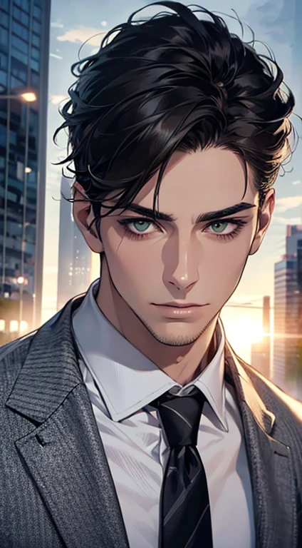 (Highest quality,4K,8K,High resolution,masterpiece:1.2),Super detailed,(Realistic,photoRealistic,photo-Realistic:1.37),1 person,35 years old,Mature Men,Beautiful skin、very handsome,Expressionless,Short gray Black hair,green eyes,Sharp Eyes,A perfect face without a doubt,Businessman, CEO, Office Background,Cinema Lighting,HDR image,tie、