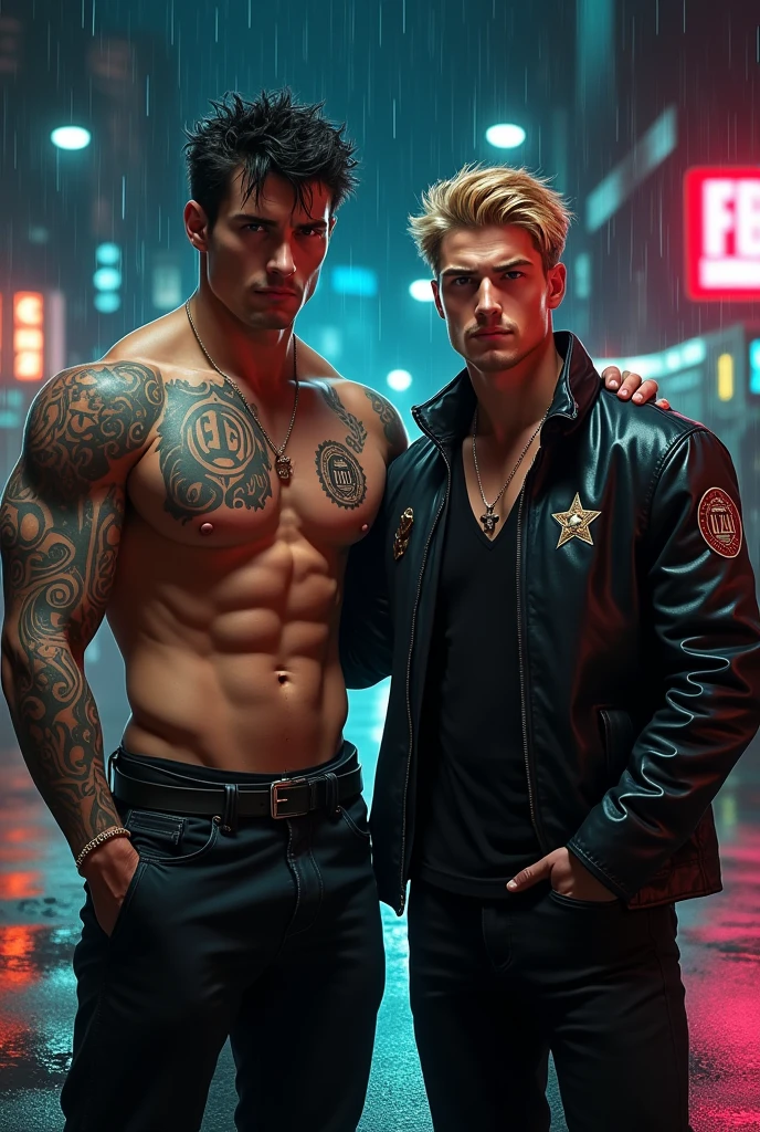 Create a fanfic cover image, where there are two guys side by side holding badges, One is tall, black hair and white skin, brawny, has his entire arm tattooed and is a CIA agent, the other is smaller, more delicate but also has muscles, He&#39;s blond with thick lips and is an FBI agent.