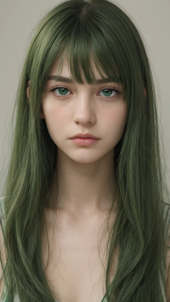 a girl. European. Extremely detailed face. Oval face. Delicate facial features. Half-closed eyes. Long straight hair. Messy hair. bangs. Green hair. Green eyes. very angry. sad. Shy