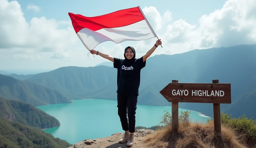 Professional photography of a Korean woman wearing a hijab, a loose black t-shirt that reads "Ocah" black cargo trousers, nude coloured boots, a mountaineering bag on her back, standing at the top of a mountain, waving an Indonesian flag, surrounded by rocky terrain with a view of the lake below. A sign reads "GAYO HIGHLAND", a partly cloudy sky adds to the background of the scene, as he smiles at the camera.