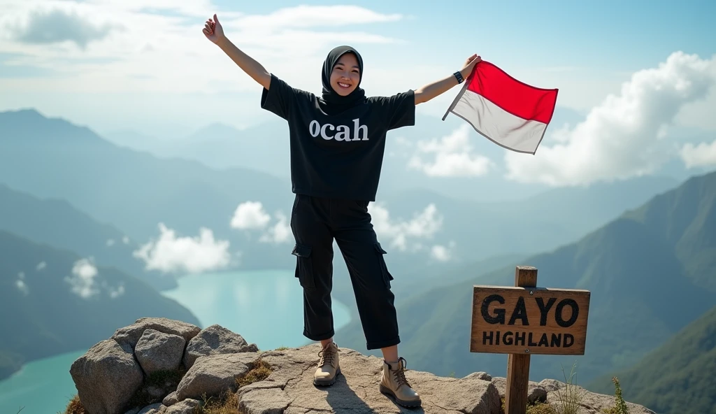 Professional photography of a Korean woman wearing a hijab, a loose black t-shirt that reads "Ocah" black cargo trousers, nude coloured boots, a mountaineering bag on her back, standing at the top of a mountain, waving an Indonesian flag, surrounded by rocky terrain with a view of the lake below. A sign reads "GAYO HIGHLAND", a partly cloudy sky adds to the background of the scene, as he smiles at the camera.