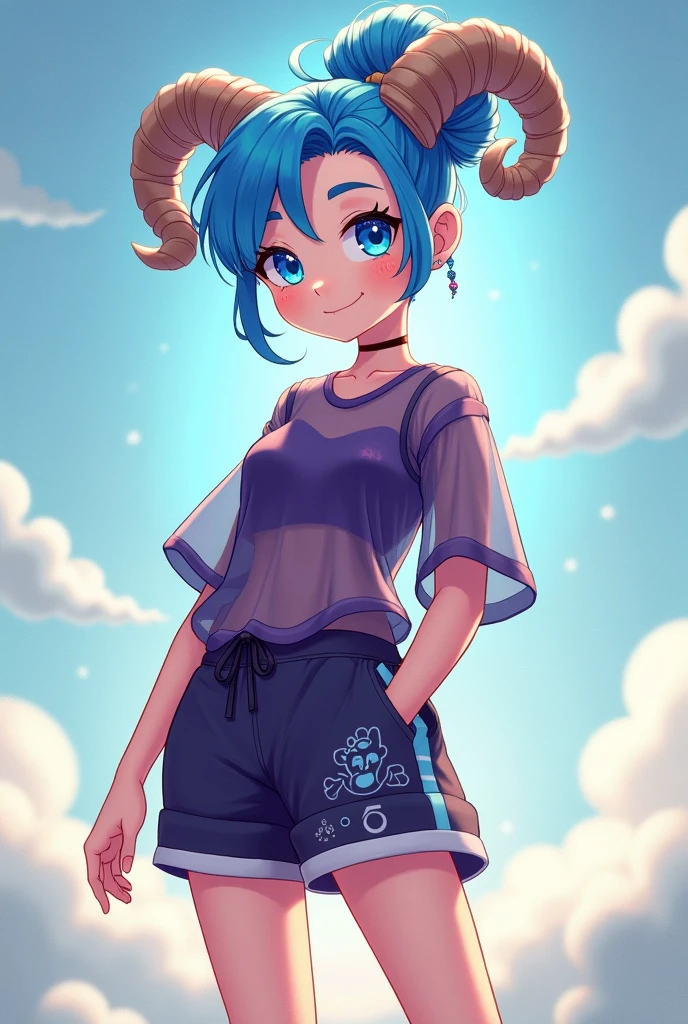 1 girl,16 years, Personality characteristics, realistic design, blue hair, Blue eyes, blue pupils, (Blue eyelashes), ((ram's horn)), rounded horns, Big cat ears, dark purple blouse, translucent blouse, shorts, blue pattern on leg, hair in a bun, standing, full height, sports shoes, ((Personality characteristics)), whole body, ((reference sheet)), smile, woolry, wool, fluffy wool, check_9, check_8_up, check_7_up, check_6_up, check_5_up, check_4_up