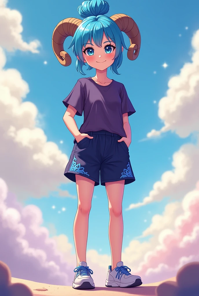 1 girl,16 years, Personality characteristics, realistic design, blue hair, Blue eyes, blue pupils, (Blue eyelashes), ((ram's horn)), rounded horns, Big cat ears, dark purple blouse, translucent blouse, shorts, blue pattern on leg, hair in a bun, standing, full height, sports shoes, ((Personality characteristics)), whole body, ((reference sheet)), smile, woolry, wool, fluffy wool, check_9, check_8_up, check_7_up, check_6_up, check_5_up, check_4_up