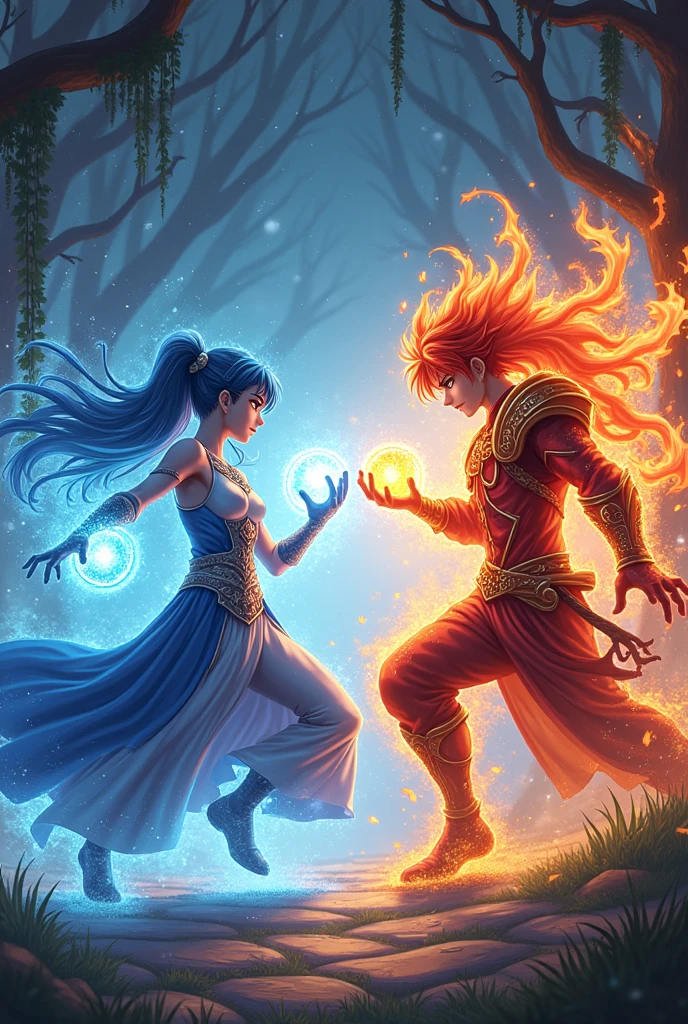 Anime characters fighting with magic