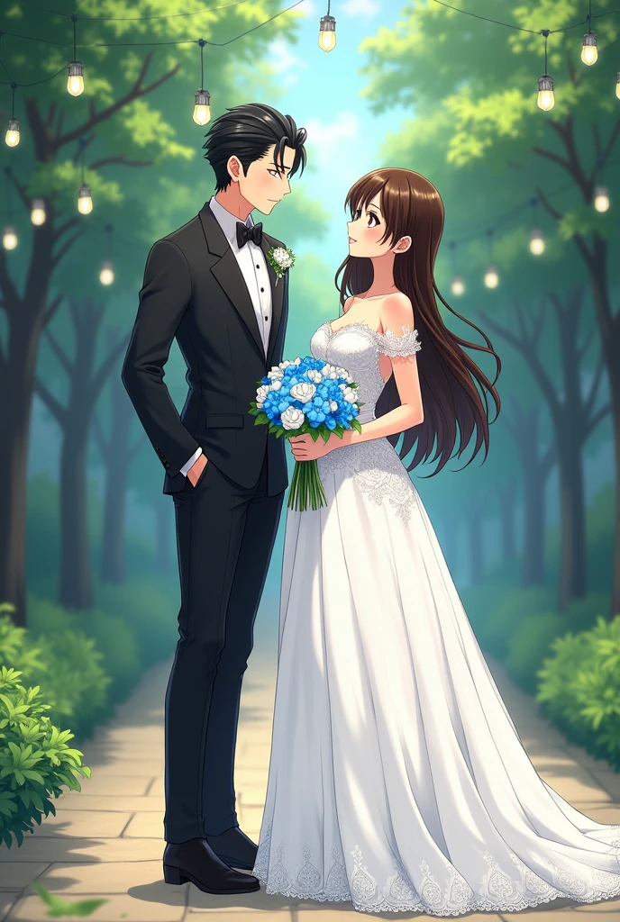 An anime man with black hair and dark maroon Eyes and he is wearing a wedding suit an anime woman with long middle brunette hair and dark brown eyes and they at the wedding avenue the woman is wearing a wedding dress and she is holding a bouquet of blue orchids and white tulips