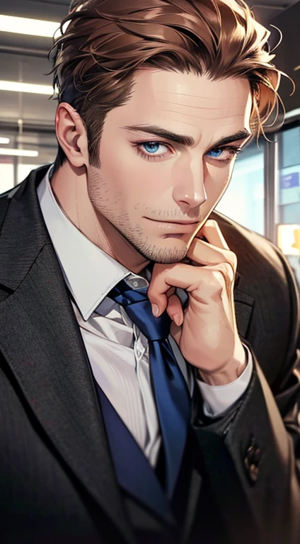 (best quality,4k,8k,highres,masterpiece:1.2),ultra-detailed,(realistic,photorealistic,photo-realistic:1.37),1 man,31 years old,mature man,very handsome,without expression,smile,short grey brown hair,blue eyes,penetrating gaze,perfect face without errors,imposing posture,businessman,office background,cinematic lighting,hdr image