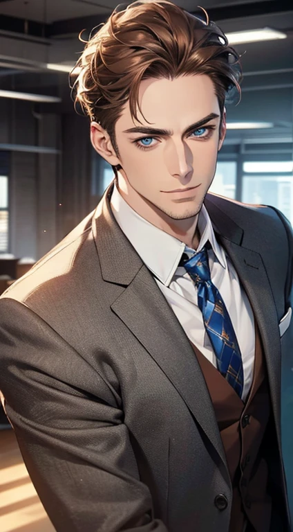 (best quality,4k,8k,highres,masterpiece:1.2),ultra-detailed,(realistic,photorealistic,photo-realistic:1.37),1 man,31 years old,mature man,very handsome,without expression,smile,short grey brown hair,blue eyes,penetrating gaze,perfect face without errors,imposing posture,businessman,office background,cinematic lighting,hdr image