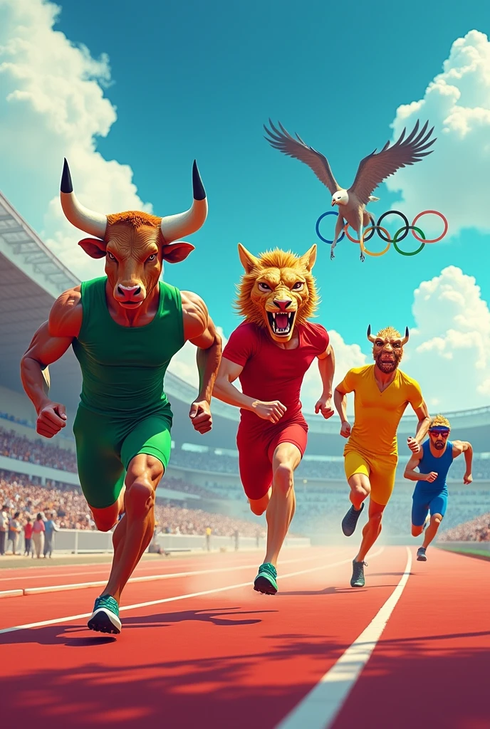 Four runners competing on an athletic track. Among the four athletes there must be one athlete in a green uniform with a bull&#39;s head., athlete in red uniform and dragon head, athlete in yellow uniform with lion&#39;s head and athlete in blue uniform with eagle&#39;s head. In the background the large, colorful Olympic rings

