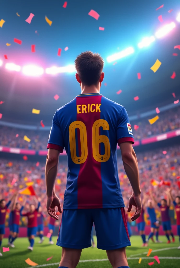 Animated man in a stadium with Barcelona shirt with number 06 with name ERICK