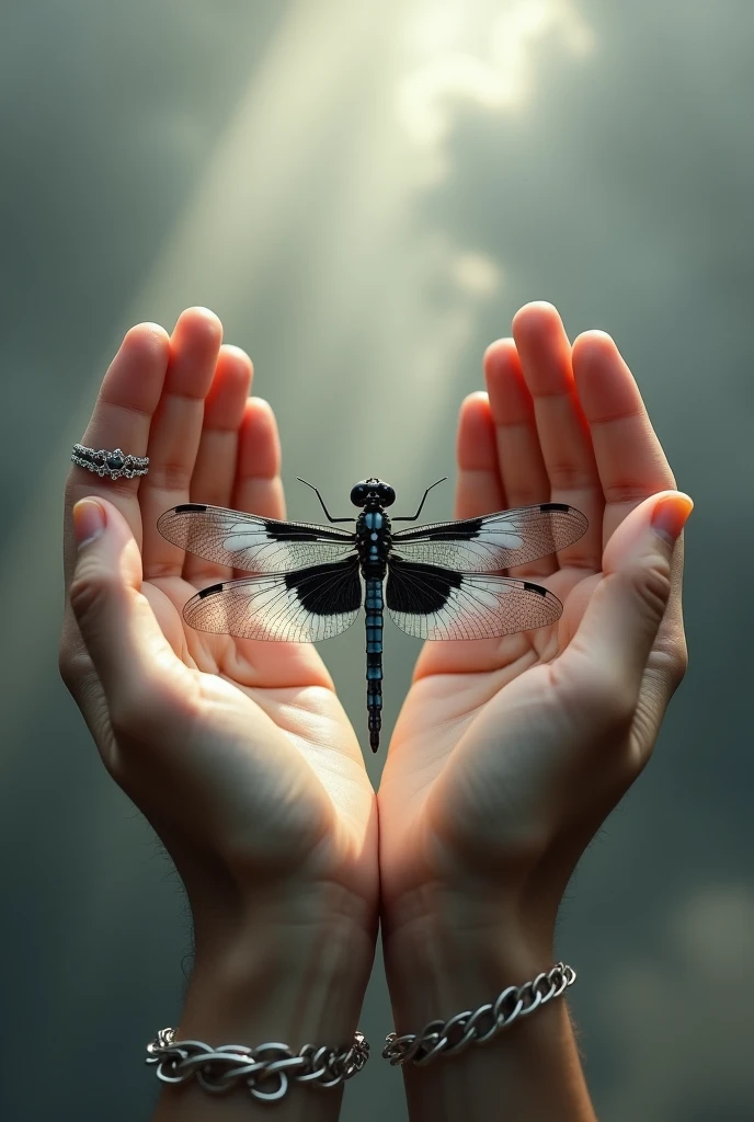 Heart shaped hands with unrealistic black and white dragonfly