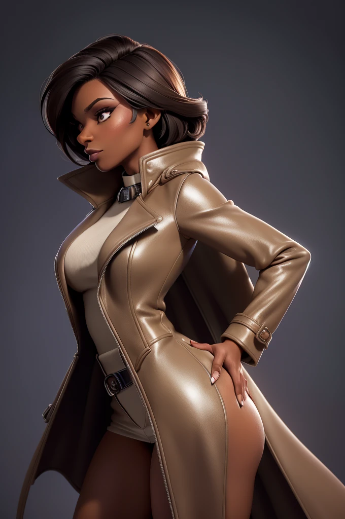 obra prima, melhor qualidade, ((only one woman,)) ((harris faulkner, dark black skin, short brown bob hair, heavy makeup eye shadow)) (((wearing shiny dark cream leather long overcoat,))) (((overcoat is zipped up, overcoat covers waist and ass,))) ((overcoat has padded shoulders,)) ((overcoat has stiff high collar,)) body is very skinny, ((standing up, arched back, sexy pose,)) (((camera side view, view of high upper body,))) shallow depth of field, highres, HD, 8k, anatomically correct