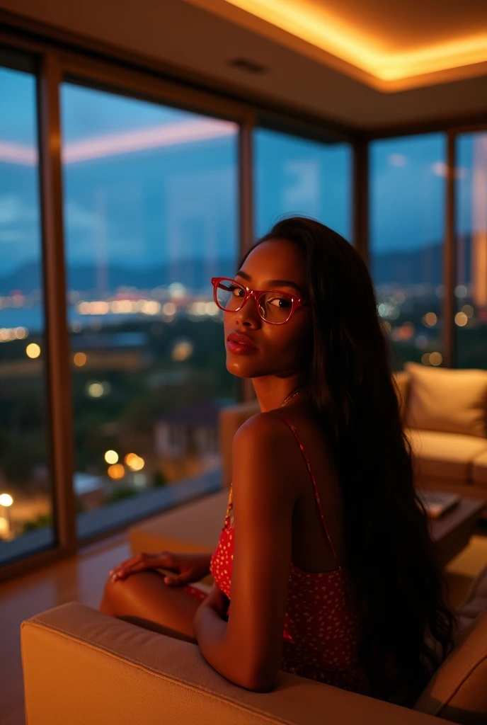 black girl, 19 ans, long black hair, red glasses, sitting in a large luxury modern living room, tan furniture, dark lighting, night, panoramic view of Hawaii out of the window