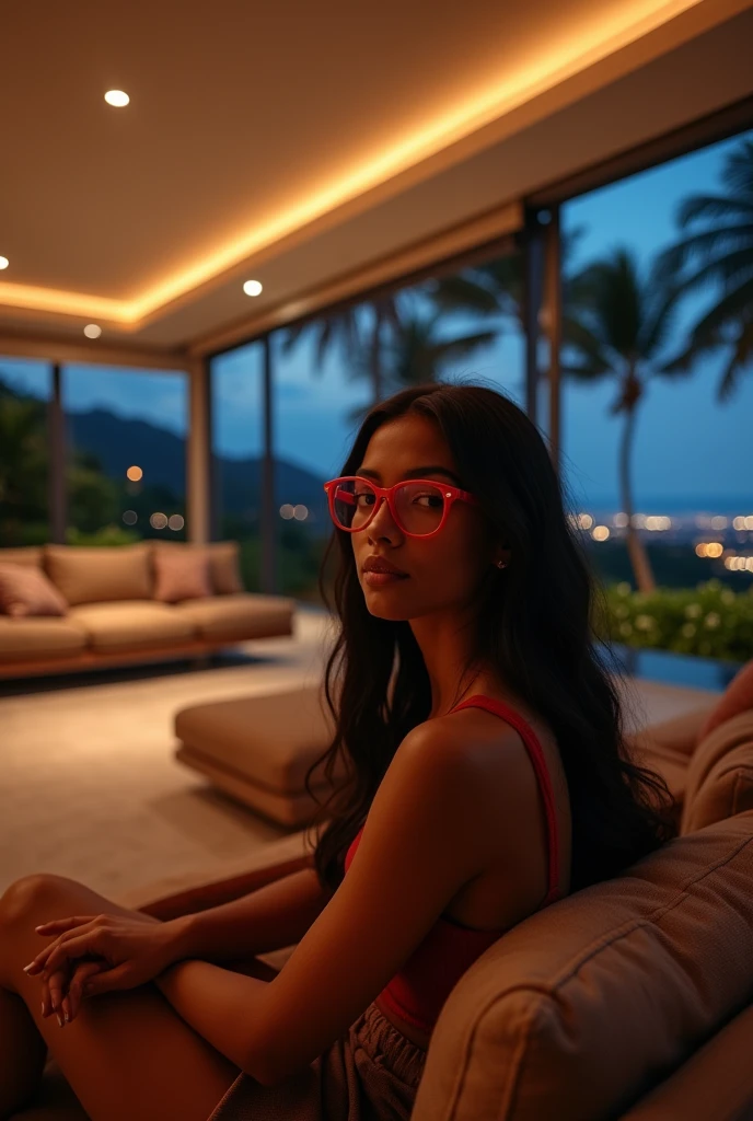 black girl, 19 ans, long black hair, red glasses, sitting in a large luxury modern living room, tan furniture, dark lighting, night, panoramic view of Hawaii out of the window