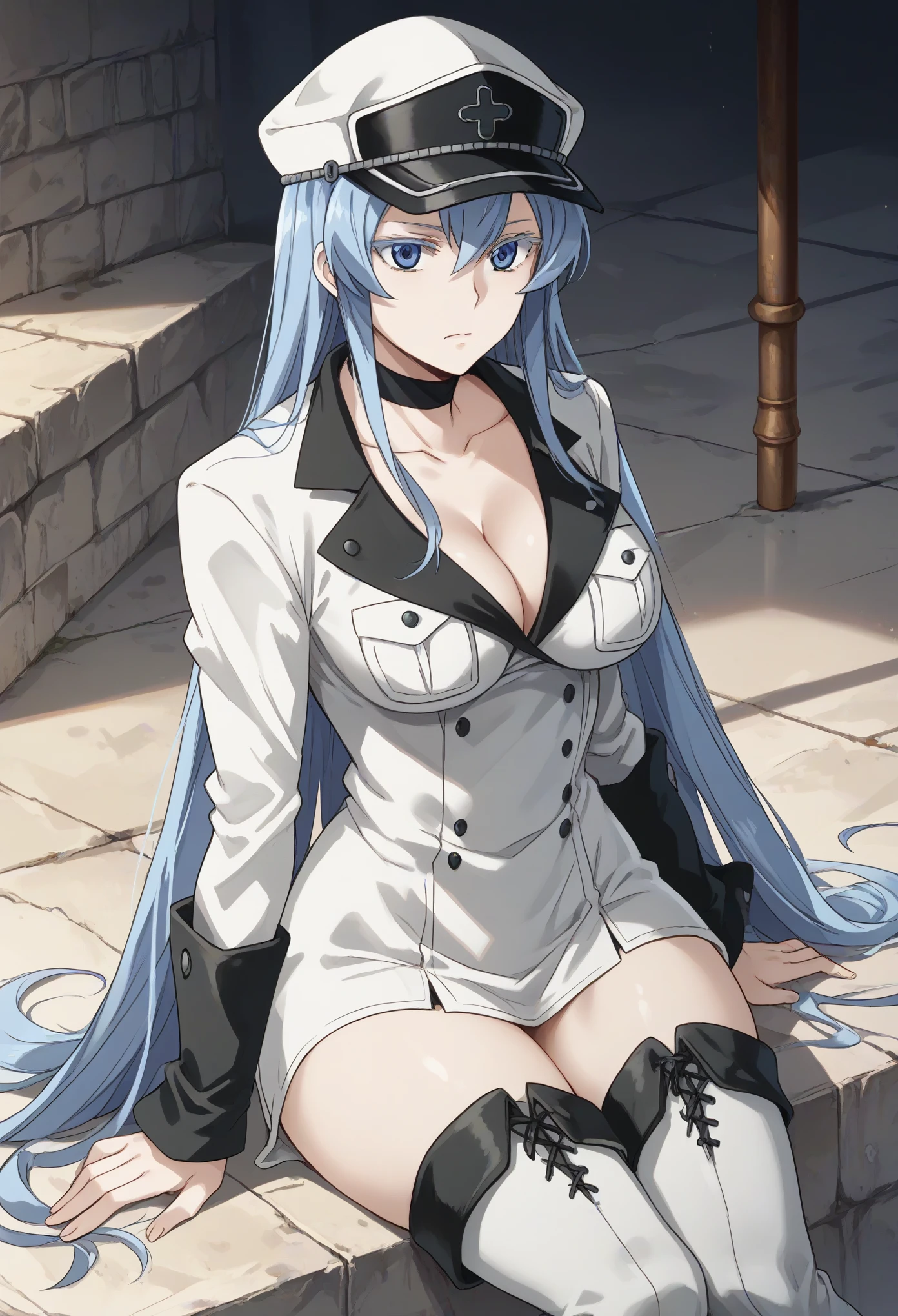 esdeath, blue eyes, blue hair, long hair,large breast, eyelashes, boots, choker, cleavage, collarbone, hat, military, military uniform, peaked cap, thigh boots, thighhighs, uniform,