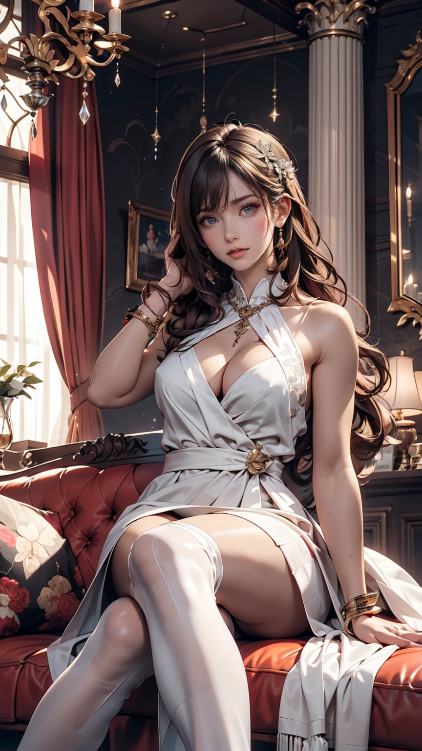 European-style decorated living room, Luxurious and sophisticated atmosphere. Exquisite interior details highlight the room's sophisticated style, Carefully considered decorative design adds the perfect finishing touch、Caucasian woman wearing a luxurious dress、Sit on a one-seater sofa、Crossing your legs、Rest your elbow on the armrest and touch your cheek