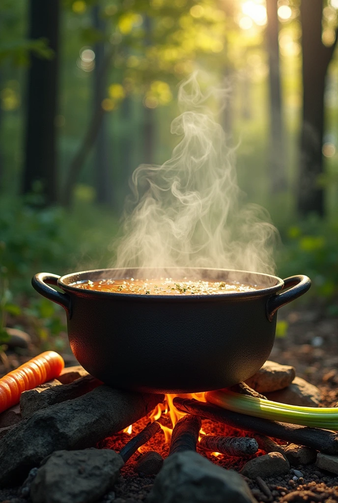 Iron pot with boiling chicken broth