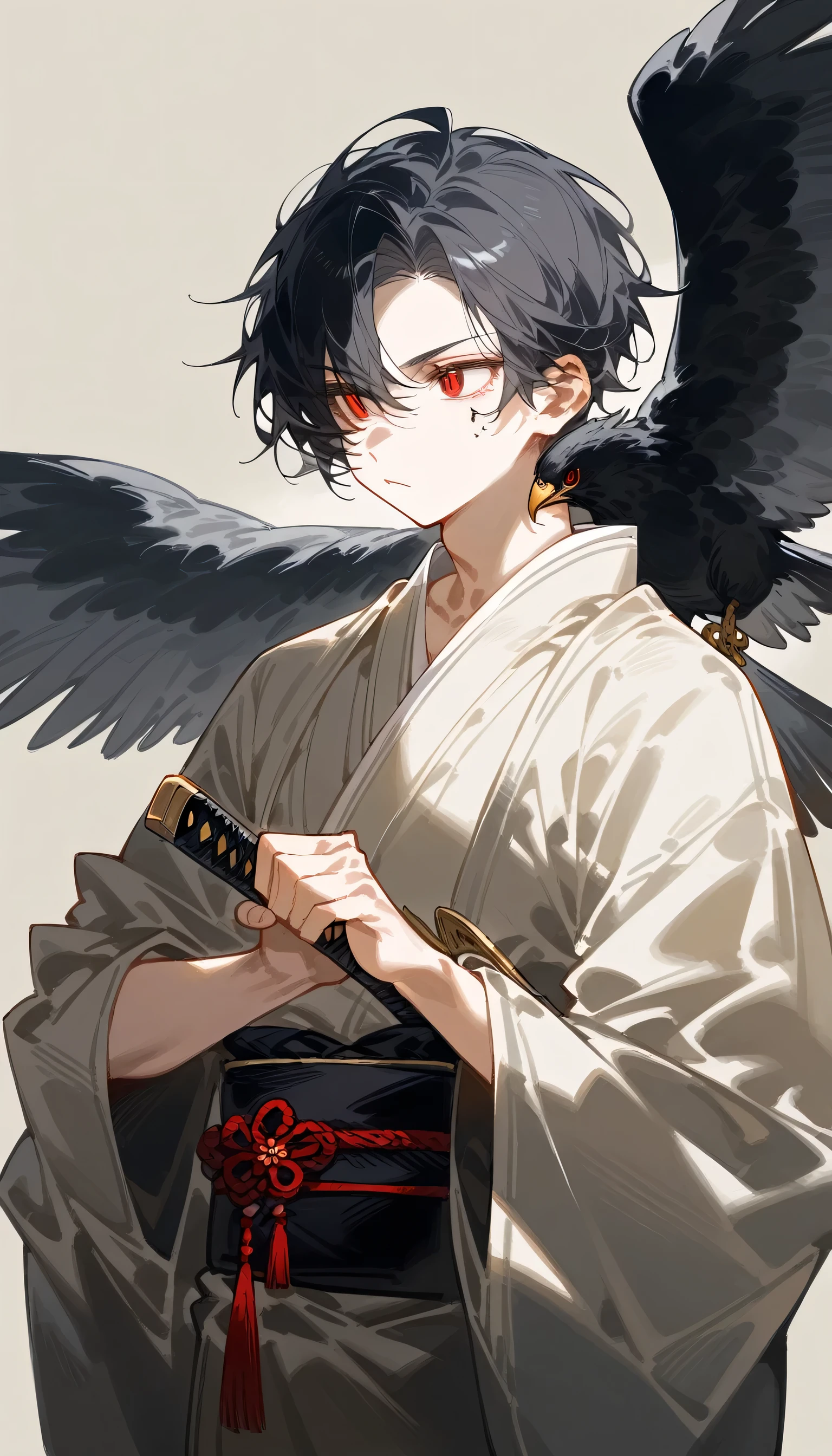 english prompt:
A highly detailed digital illustration of a young man with a striking appearance. He has a serious expression, with sharp facial features and piercing red eyes. His hair is dark, almost black, with a distinctive white streak on one side. He wears a traditional Japanese kimono with a black and grey color scheme. The kimono is adorned with intricate designs of large birds, possibly hawks or eagles, in shades of beige and cream. The man is holding a katana with one hand, the blade partially drawn, suggesting a readiness for action. The background is plain, with a light grey color, making the character the central focus of the image. The overall tone of the illustration is dark and mysterious, with a strong emphasis on the character’s stoic demeanor and the detailed, traditional attire.