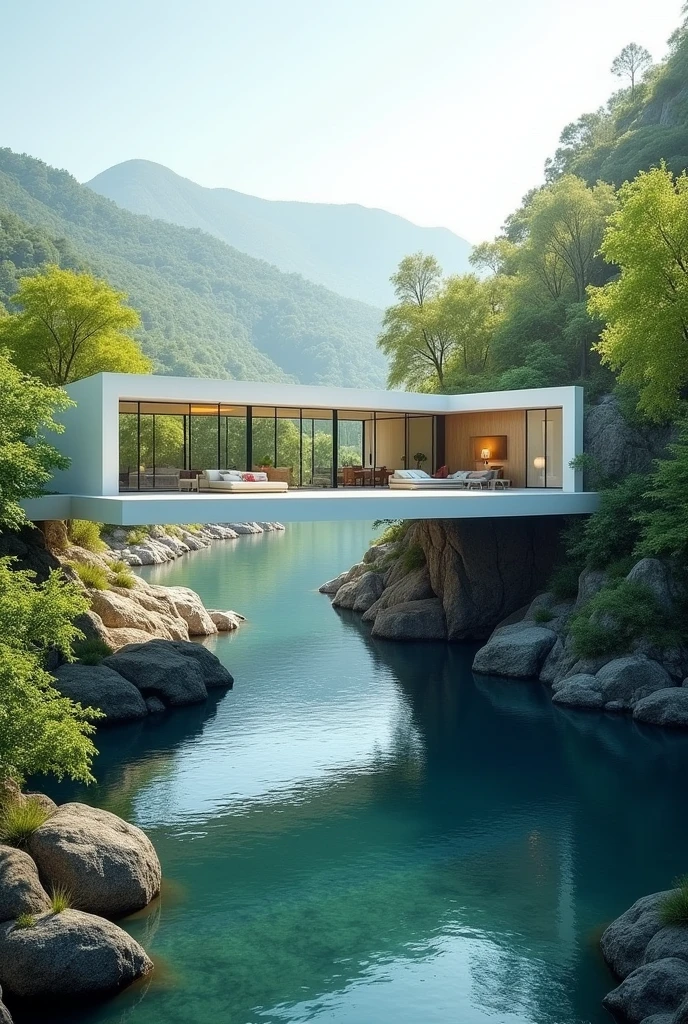 a picture of an open house, with all the walls made of glass on top of a white base, that looks like a long path that forms a long bridge over the water, that looks like a huge river. It is visible inside the two-story house. The place is open air, well-lit. Green trees surround the lake with clear waters. She looks like this picture: https://pin.it/1YWipDRip