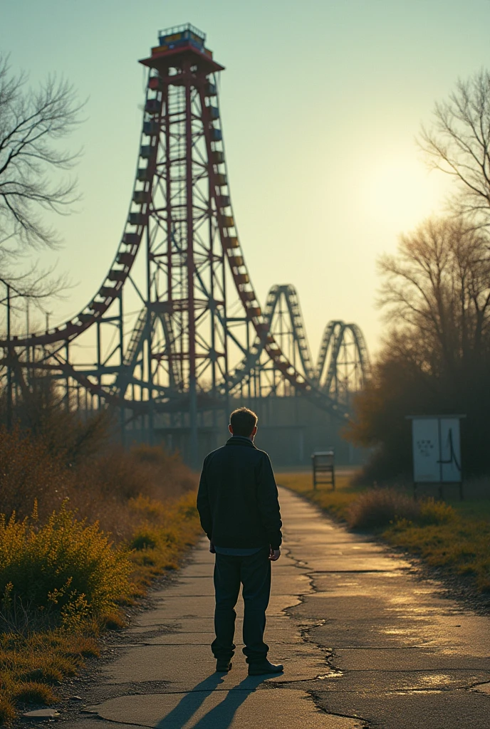 sad adult looking at roller coaster with focus on roller coaster