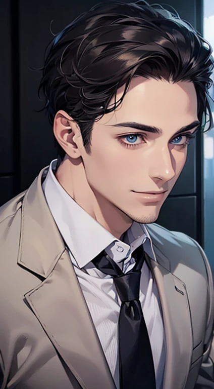 (Highest quality,4K,8K,High resolution,masterpiece:1.2),Super detailed,(Realistic,photoRealistic,photo-Realistic:1.37),1 person,31 years old,Mature Man,Beautiful skin、Profile、very handsome,Expressionless,smile,Short gray black hair,blue eyes,Sharp Eyes,A perfect face without a doubt,Businessman,Office Background,Cinema Lighting,HDR image,tie、