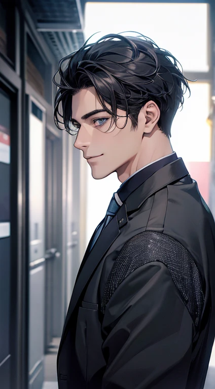 (Highest quality,4K,8K,High resolution,masterpiece:1.2),Super detailed,(Realistic,photoRealistic,photo-Realistic:1.37),1 person,31 years old,Mature Man,Beautiful skin、Profile、very handsome,Expressionless,smile,Short gray black hair,blue eyes,Sharp Eyes,A perfect face without a doubt,Businessman,Office Background,Cinema Lighting,HDR image,tie、