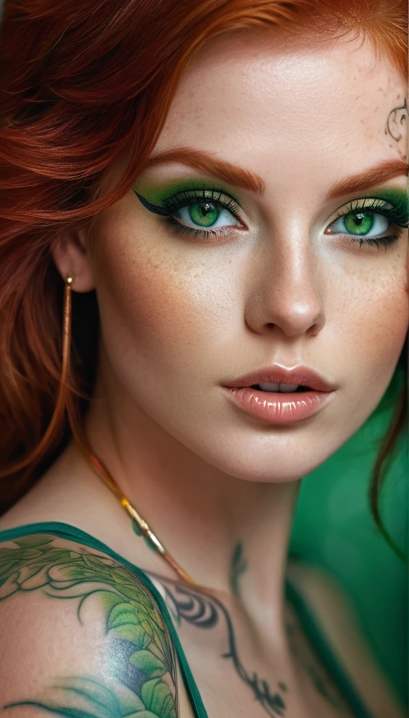 female beauty redhead, green eyes, make-up, amorous and lewd face, superlative body proportion, covered in tattoos, shading effects, gradation magic effects, foggy filter effects, glitter effects, (ultra detailed, absolutely resolution, best quality:1.3), 2.5D, delicate and dynamic, artistic photography, hyper realistic, graphic CG digital art