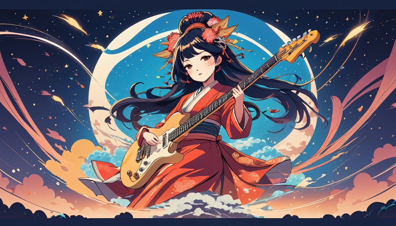 Electric guitar、Oiran、Wide-angle lens, Lofi Anime, Lofi illustration, Aesthetic atmosphere, Lo-Fi Style, Vector art, Flat Design, Simple shape, Warm tones, Pleasant atmosphere, Chill, In anime style, Digital drawing, Vector art, Vector logo for t-shirt printing, (Adorable:1.5), (small:1.4), (Playful:1.2), (soft:1.3), (Whimsical:1.1), masterpiece, Highest quality, 8k, Intricate details, grow, Celestial, Mysterious, Picturesque, amazing, Majestic, Magic, Fantasy art, Cover art, dream-like