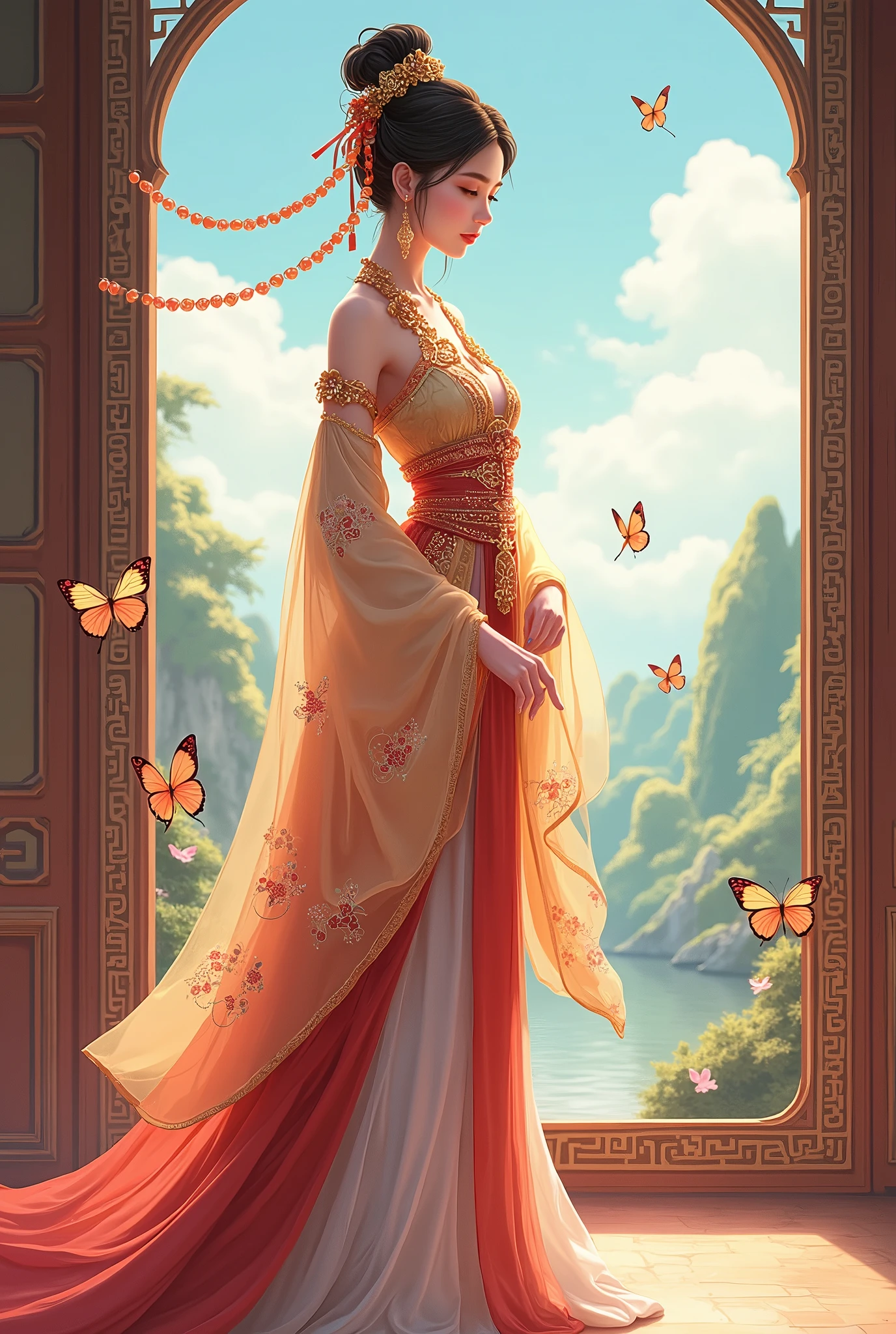 A charming anime style illustration of an elegant ancient Chinese beauty, dressed in traditional attire with intricate patterns and vibrant colors, standing gracefully by the window, surrounded by delicate butterflies fluttering around her. She is adorned with exquisite jewelry on her neck, arms, and hands, adding to its elegance while focusing on her face.