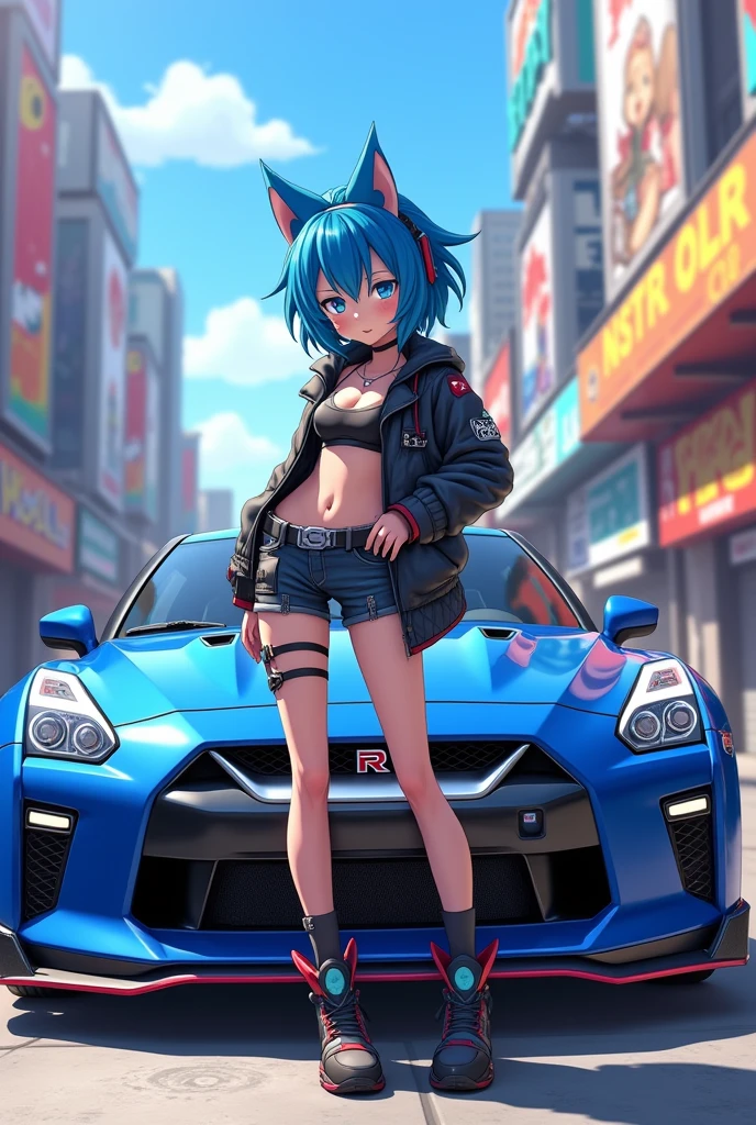 An animated character with blue hair in front of an animated blue Nissan GTR r35
