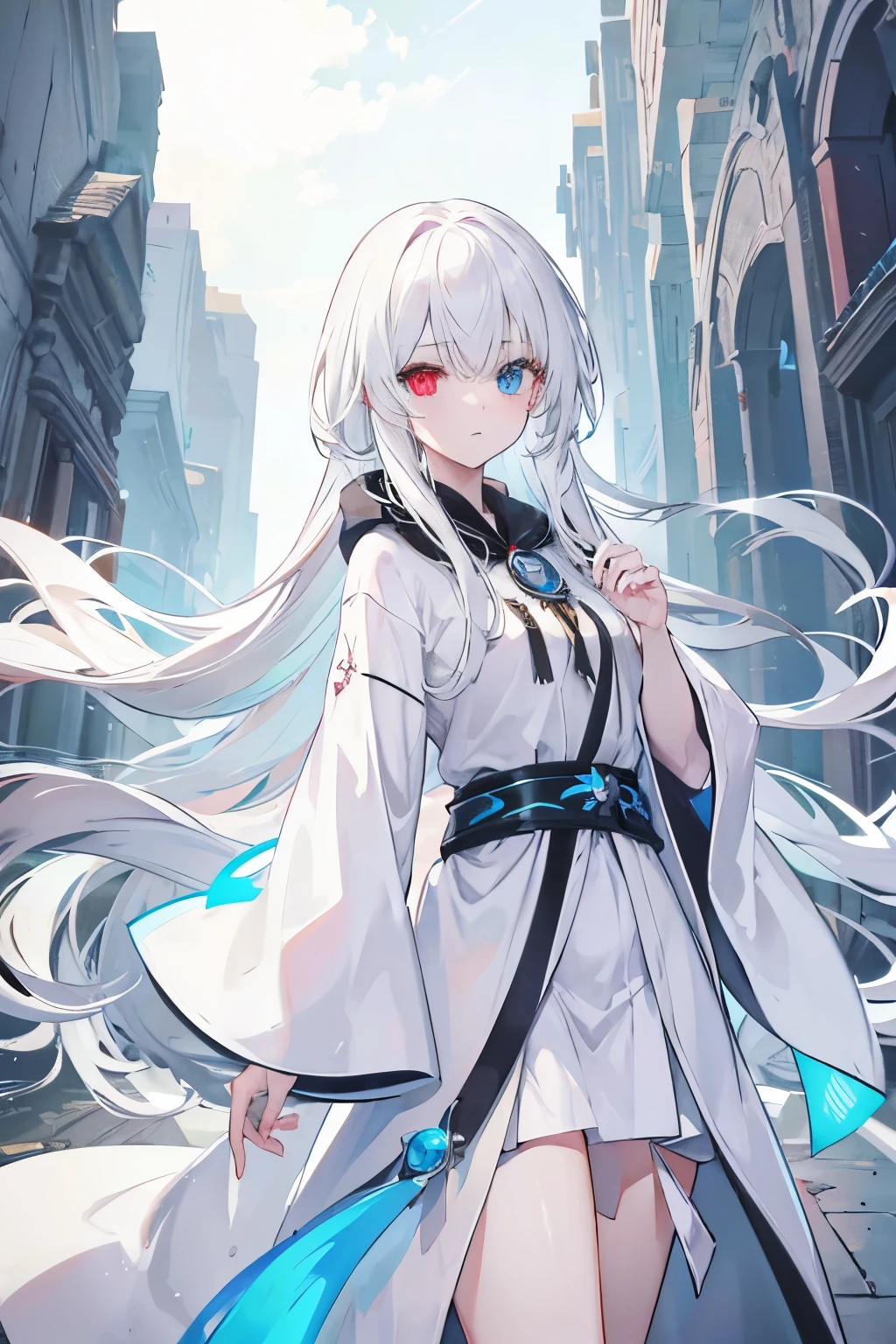 Long white hair, mage robes, Heterochromia