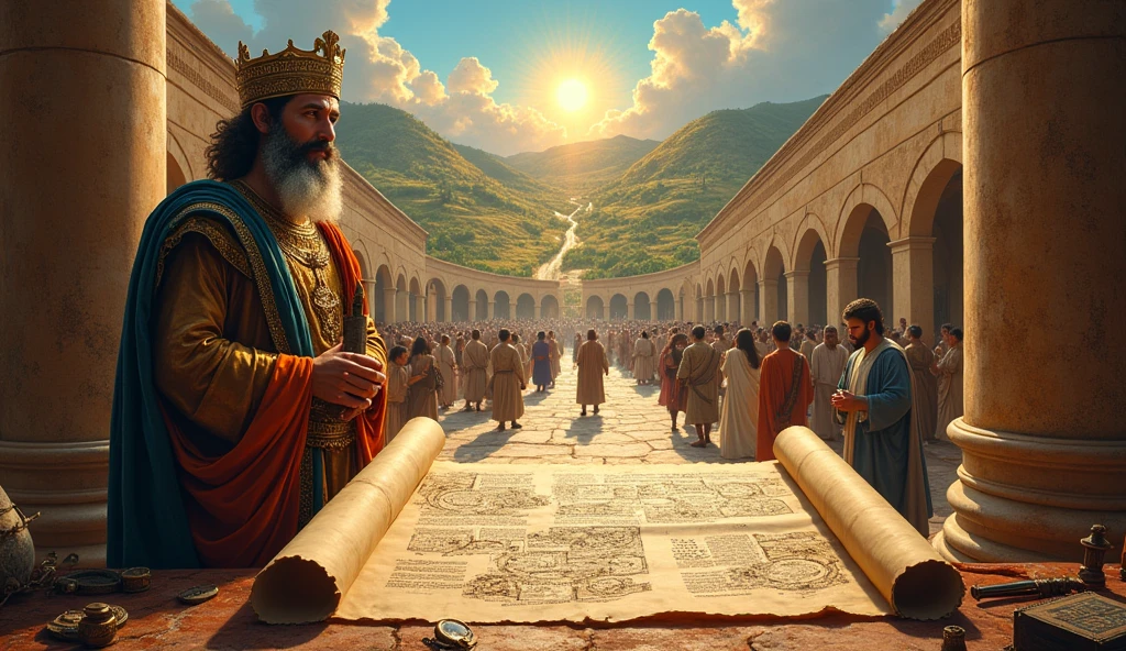 Create an image that symbolizes financial planning with a biblical twist. Show an unrolled ancient scroll with a detailed strategic plan, while Solomon, in a vibrant market scenario, observe carefully. Ao fundo, an illustrative mural divides the scene into two parts: one shows prosperity and growth, with green fields and robust buildings, representing the result of diligent planning; the other shows a barren and deteriorated landscape, representing the consequences of haste and lack of planning. Add elements like an antique compass and calculating tools to reinforce the importance of strategic and careful guidance..