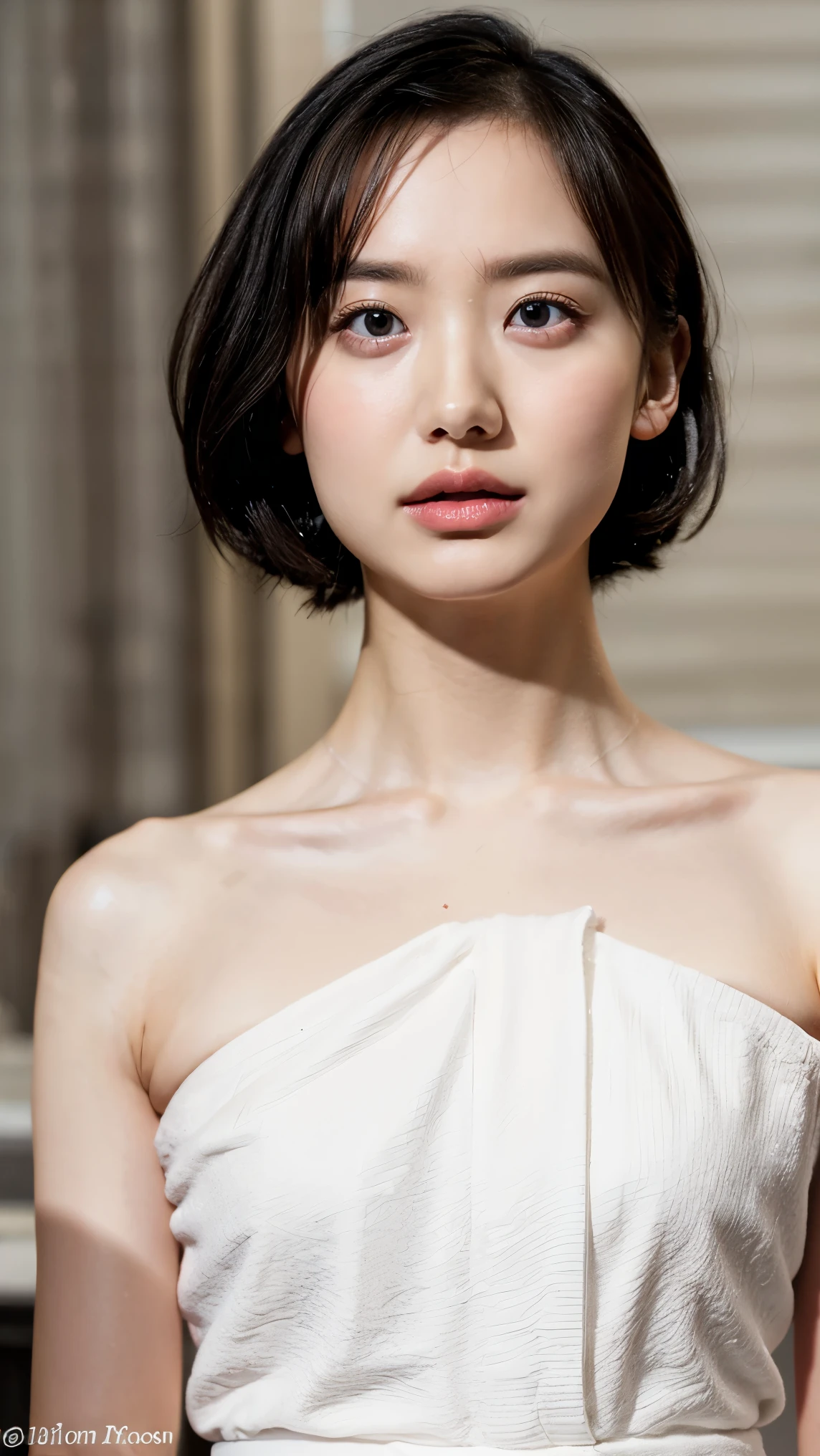 (1 person,  , Full body portrait, Short Hair, Small breasts, Completely naked, Nipples, A white bath towel is wrapped around the body.), Fair-skinned, shiny thin lips, skinny, Body Type, Delicate and sexy collarbone, Highest quality, RAW Photos, Realistic, face, Incredibly beautiful, cute, Depth of the written border, High resolution, 超detailed, detailed, Very detailed, extremely detailed eye and face, Sharp pupils, Sharp focus, Cinema Lighting