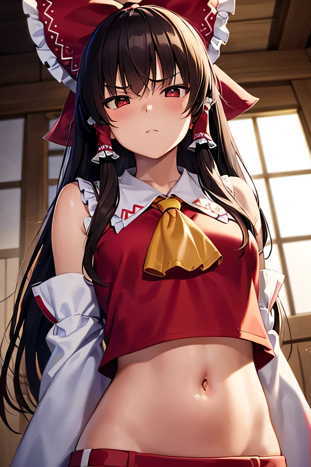 super fine illustration, vibrant colors, masterpiece, sharp focus, best quality, depth of field, cinematic lighting, ultra detailed, belly button, bellybutton, navel, tummy, shrine maiden, hakurei reimu, 1girl, hair bow, ascot, hair tubes, detached sleeves, looking down, red shirt, red skirt, very long hair, curly hair, dark brown hair, mature woman, hakurei reimu, 1girl, hair bow, ascot, hair tubes, miko, detached sleeves, Reimu Hakurei, leaning back, crossed arms, annoyed, indoors, wide hips, pouting, puffy cheeks