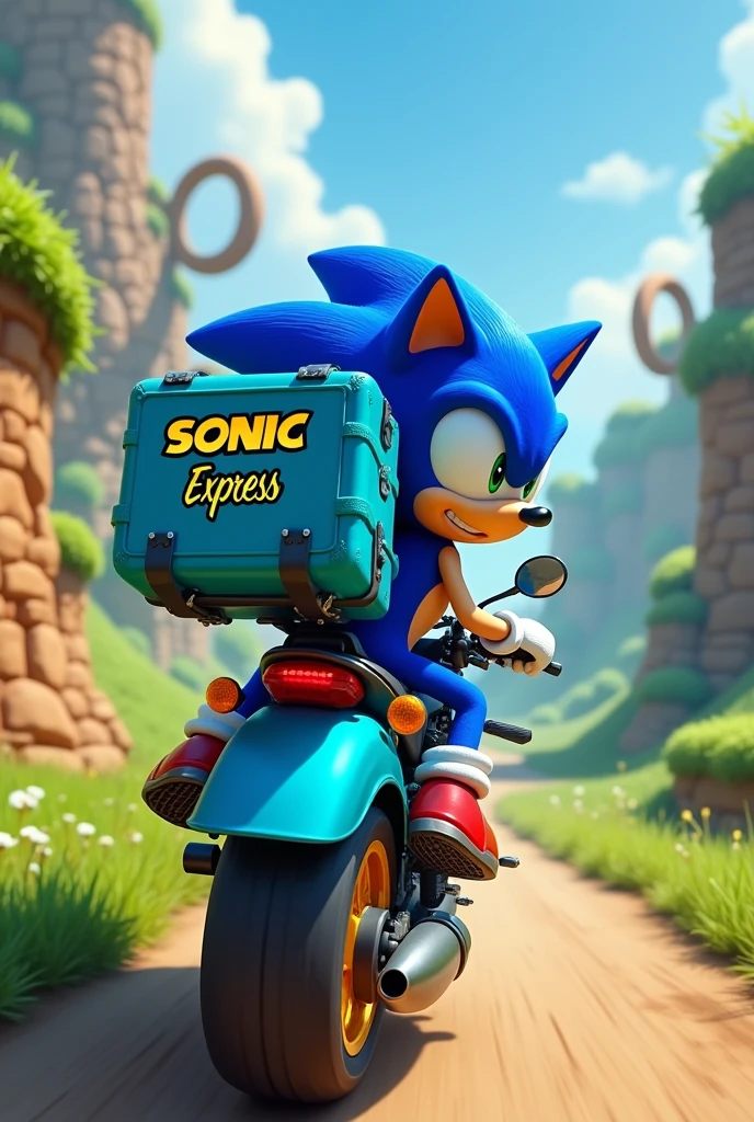 Sonic con mochila de delivery que diga Sonic Express color celeste  en moto  por el  mapa