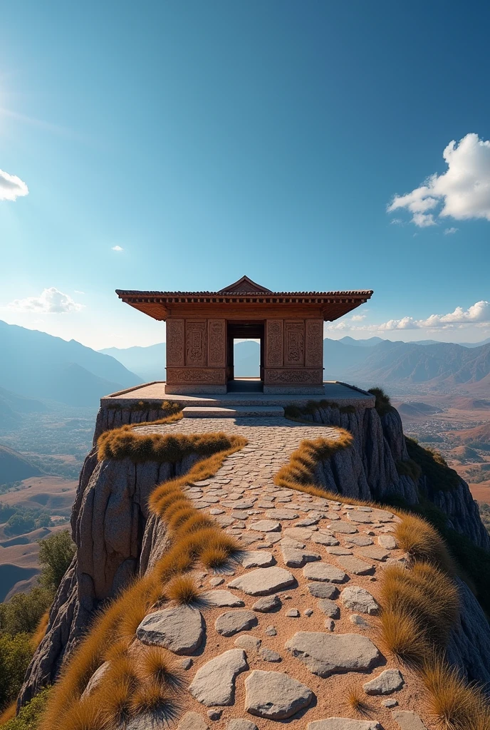 Simple open-air viewing point that is not like a house that is without walls on a summit with traditional architecture of wood carvings that also uses stone that is from Samaipata Bolivia that the roof is flat