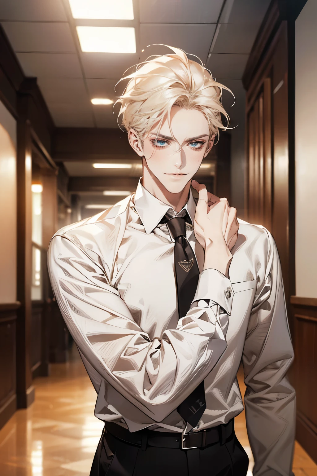 (tmasterpiece, high resolution, ultra - detailed:1.0), (1 boy, Young male, masculine face), Perfect male body, tall and strong, Adult male, Delicate eyes and delicate face, Extremely detailed CG, Unity 8k wallpaper, Complicated details, Detailed face, (blond hair, messy hair, serious faces, white shirts,Bad students), (frown,evil smile:1.3), stad in school corridor, street style, color difference, Depth of field, dramatic shadow, Ray tracing, Best quality, Cinematic lighting, offcial art,Portrait