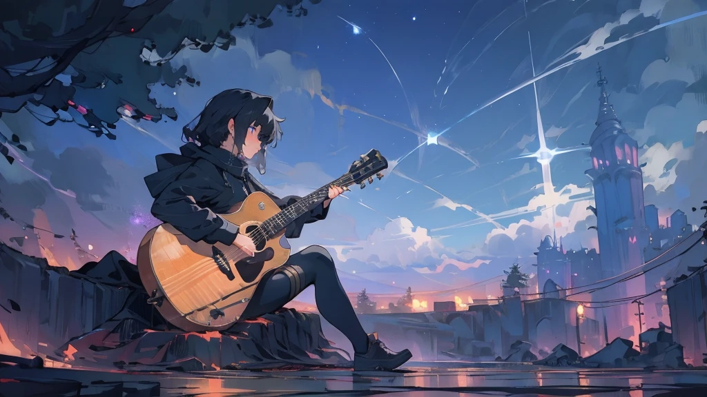masterpiece,night,(dark alley),star、Night evening Sky、milky way、octone、
(1. Female), (solo), Knee hugging sitting,acousticguitar