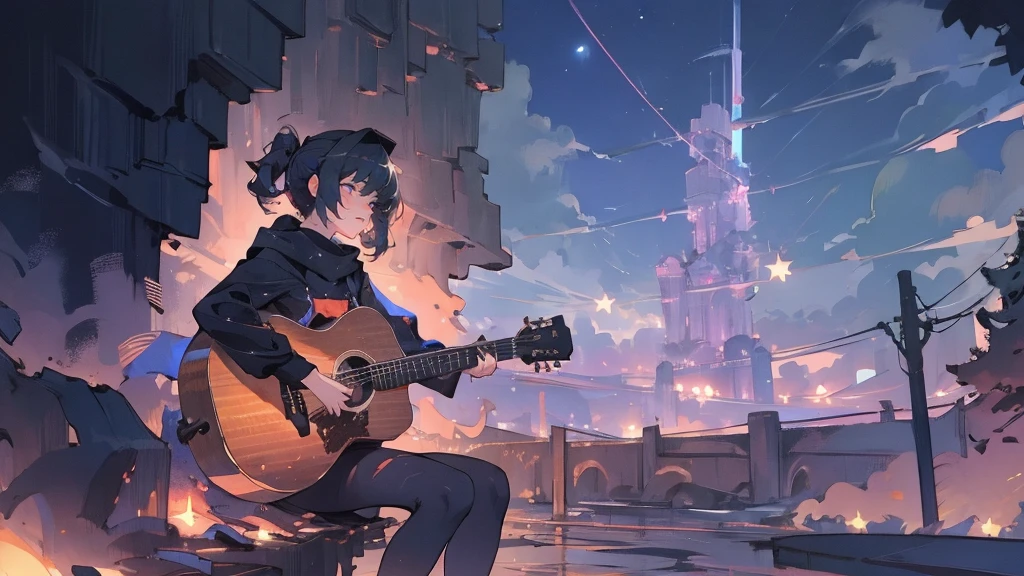 masterpiece,night,(dark alley),star、Night evening Sky、milky way、octone、
(1. Female), (solo), Knee hugging sitting,acousticguitar