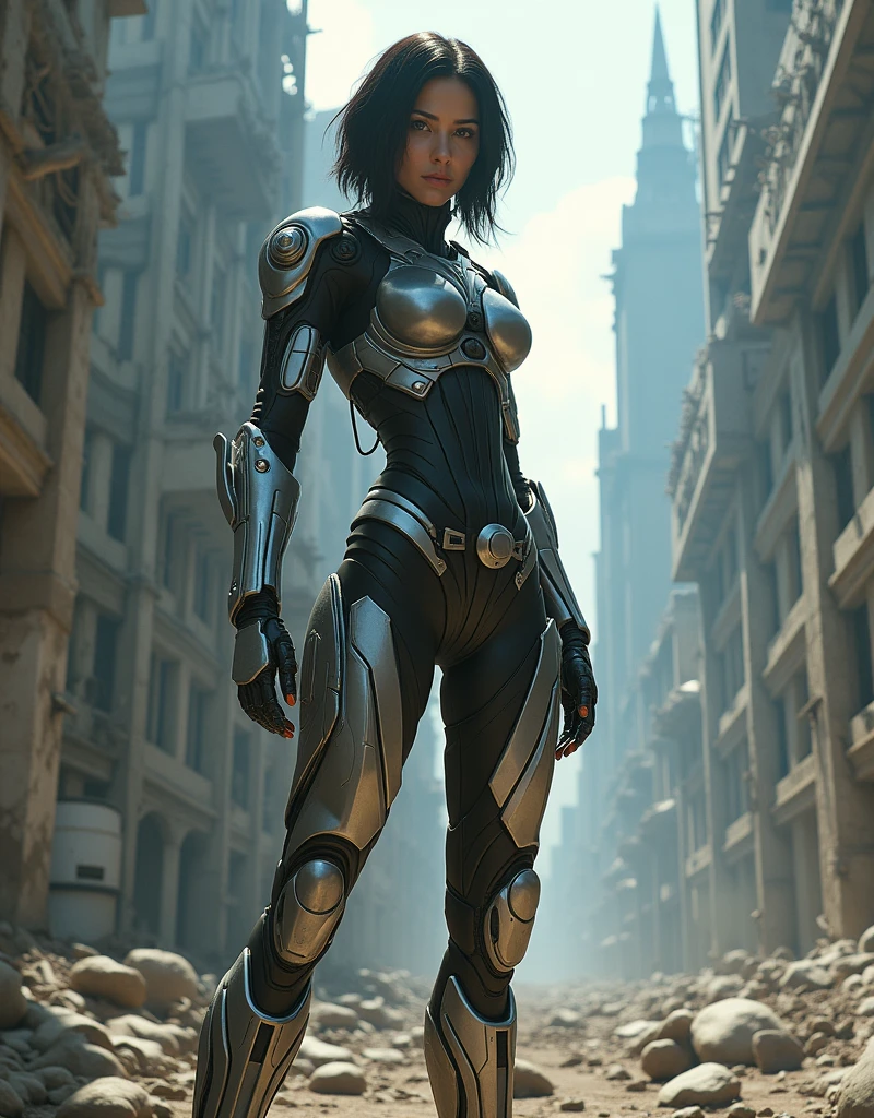 Epic fully body CG masterpiece, hdr, dtm, full ha, 8K, ultra detailed graphic tension, dynamic poses, stunning colors, 3D rendering, surrealism, cinematic lighting effects, realism, 00 renderer, super realistic, full - body photos, super vista, super wide Angle, In a futuristic abandoned city, a girl with a huge mechanical arm is engaged in a fierce struggle with the enemy, Her name is Alita, a fighting angel from the future world, Her eyes are firm and resolute, showing the desire for victory, high-definition picture, real effect, hyper-realistic portraits, xiaofei yue, uniformly staged images, flat yet expressive, goth