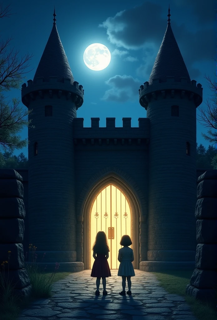 A dimly lit castle gate at night, bathed in moonlight, with Emily and Lily standing in anticipation, peering into the unknown. Front view
