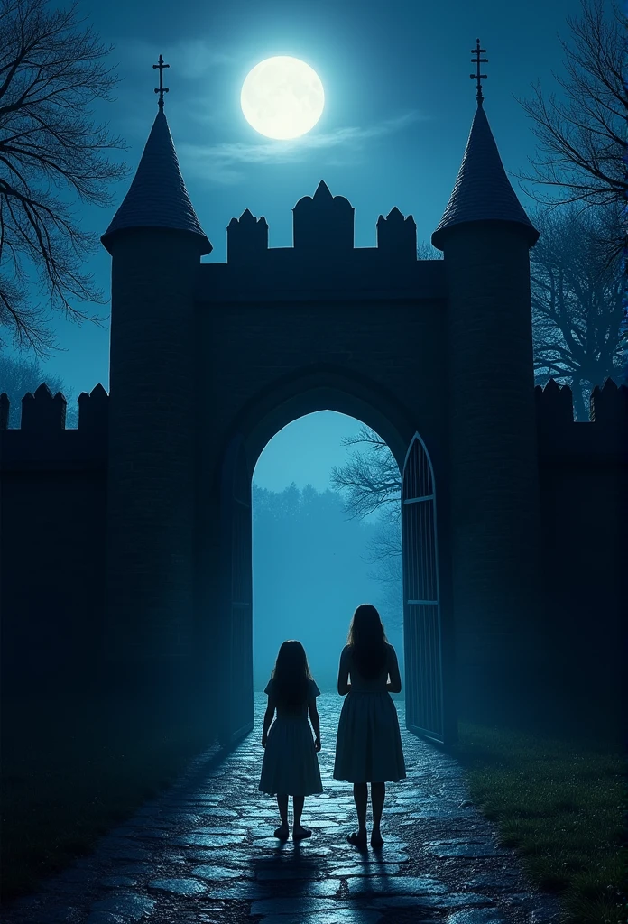 A dimly lit castle gate at night, bathed in moonlight, with Emily and Lily standing in anticipation, peering into the unknown. Front view