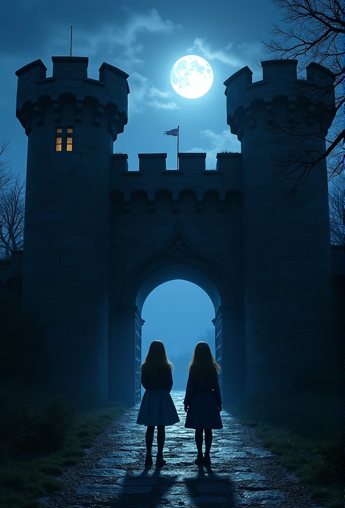A dimly lit castle gate at night, bathed in moonlight, with Emily and Lily standing in anticipation, peering into the unknown. Front view