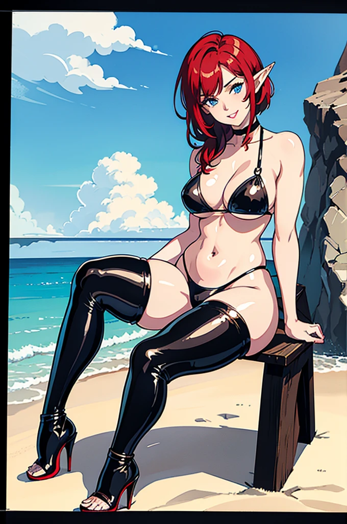 1girl, female mature elf, curvy body build, short red hair, blue eyes, black leather bikini top, stomach exposed, black leather bikini bottom, black stiletto high heels, seductive smile, seductive pose, kneeling on sandy beach, full pouty lips, front view, head tilted towards viewer