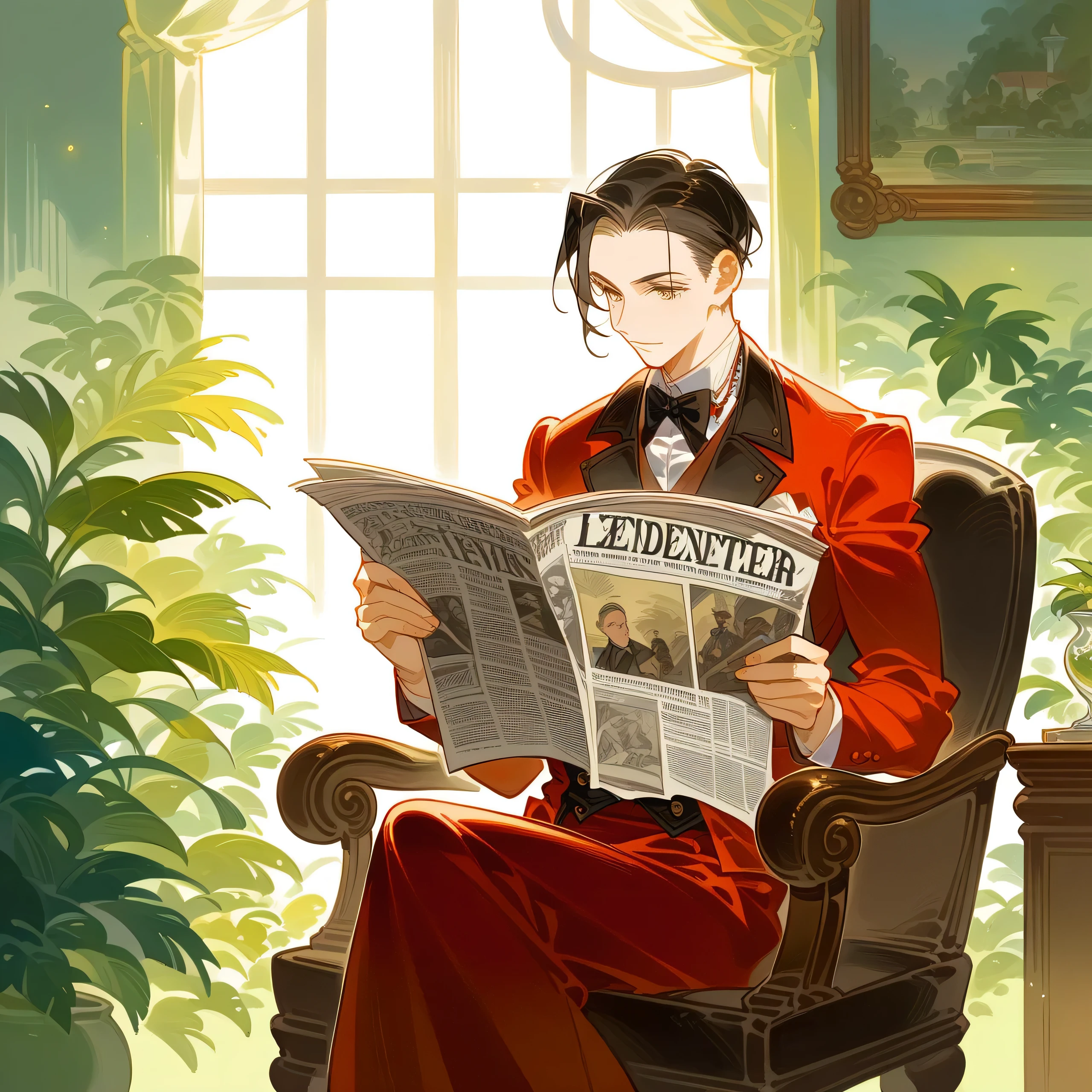 A vintage illustration depicting a heartwarming domestic scene, set in the mid-20th century. A man, painting of a man reading a newspaper in a chair, part leyendecker style, inspired by J. C. Leyendecker, inspired by J.C. Leyendecker, leyendecker style, j. c. leyendecker 8 k, j. c leyendecker, j.c leyendecker, j c leyendecker 8 k