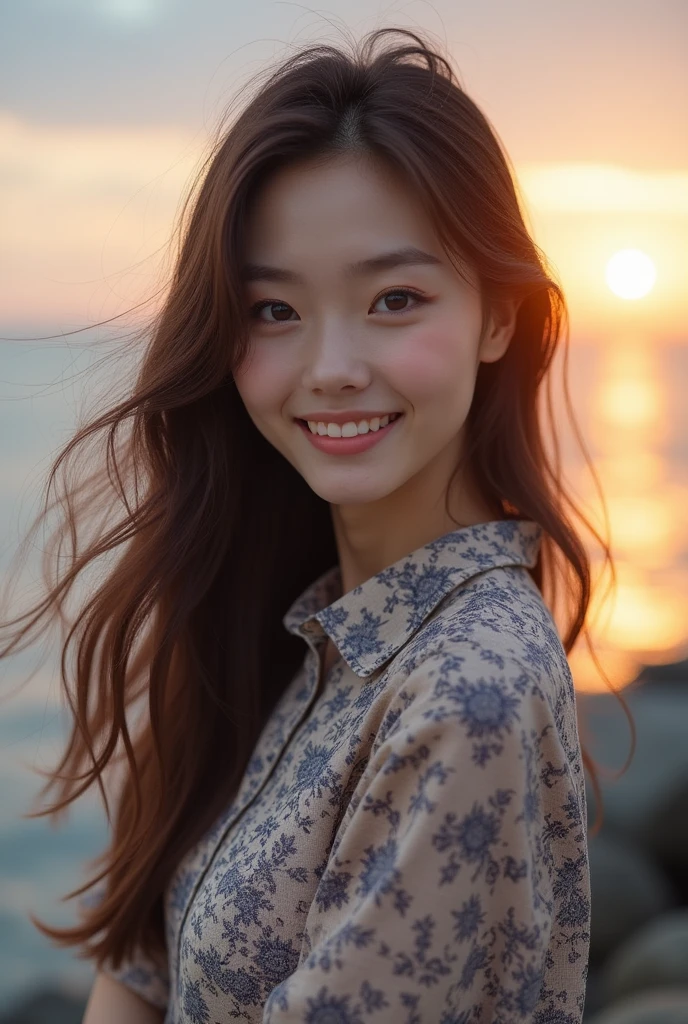 Beautiful one、Detailed eyes、、Highest quality, 超High resolution, (Reality: 1.4), Super Beauty、Beautiful Skin、Slender、Body facing forward、(Surreal)、(High resolution)、(8k)、(Beautiful and detailed eyes)、Detailed face、Bright lighting、Face Focus、Look straight ahead、(The costume is a damask shirt dress.)、Long Hair, Evening scenery、Brown Hair、Japan is an idol、、Age 20、 smile, Seascape