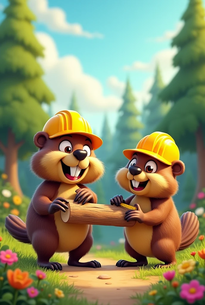 Make me a couple of beavers who remembered that they have to get up and they start making a base for their new house with construction helmets ,with cartoon drawing