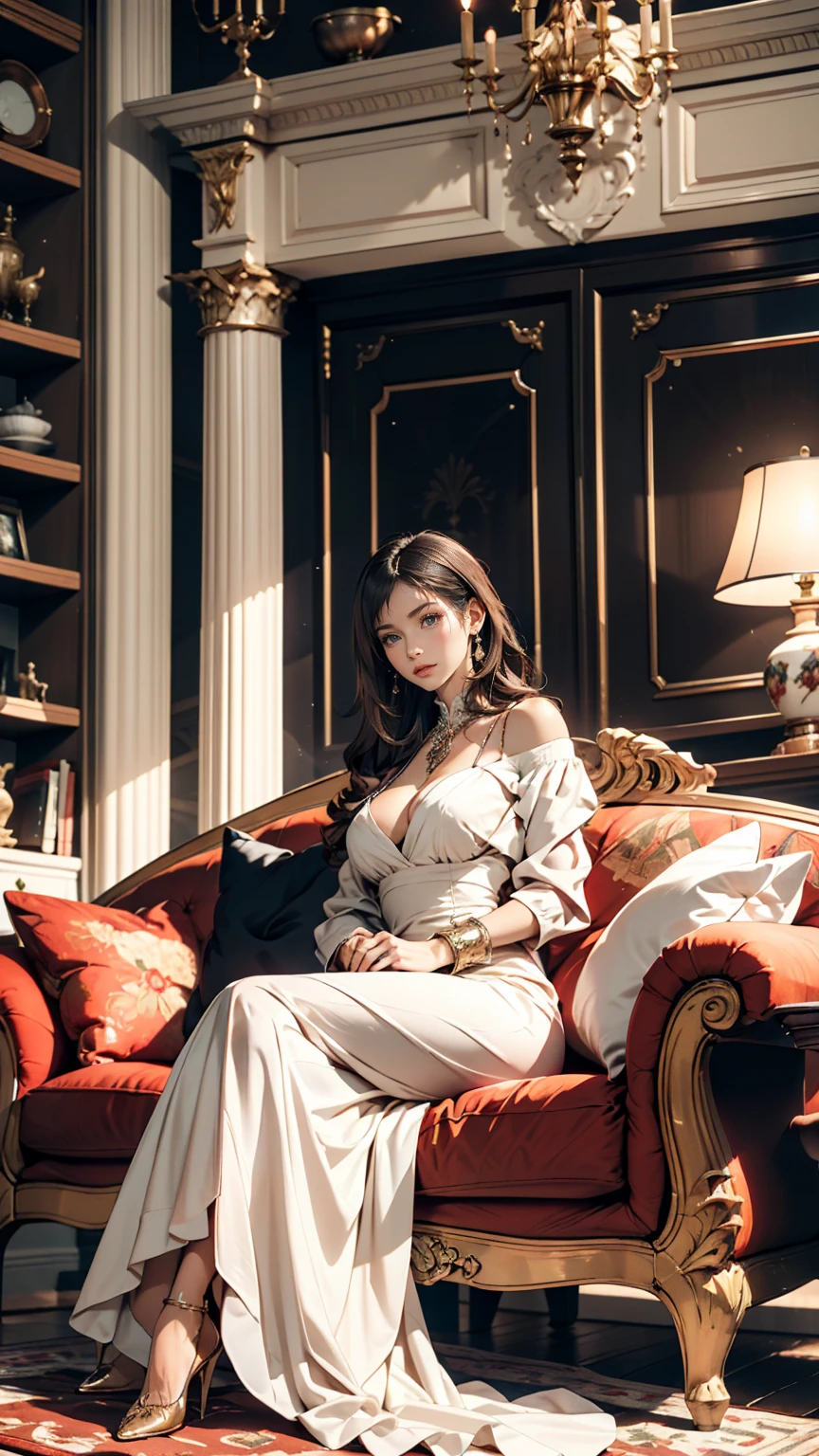 European-style decorated living room, Luxurious and sophisticated atmosphere. Exquisite interior details highlight the room's sophisticated style, Carefully considered decorative design adds the perfect finishing touch、Caucasian woman wearing a luxurious dress、Sit on a one-seater sofa、Crossing your legs、rest one&#39;s chin on one&#39;s arm