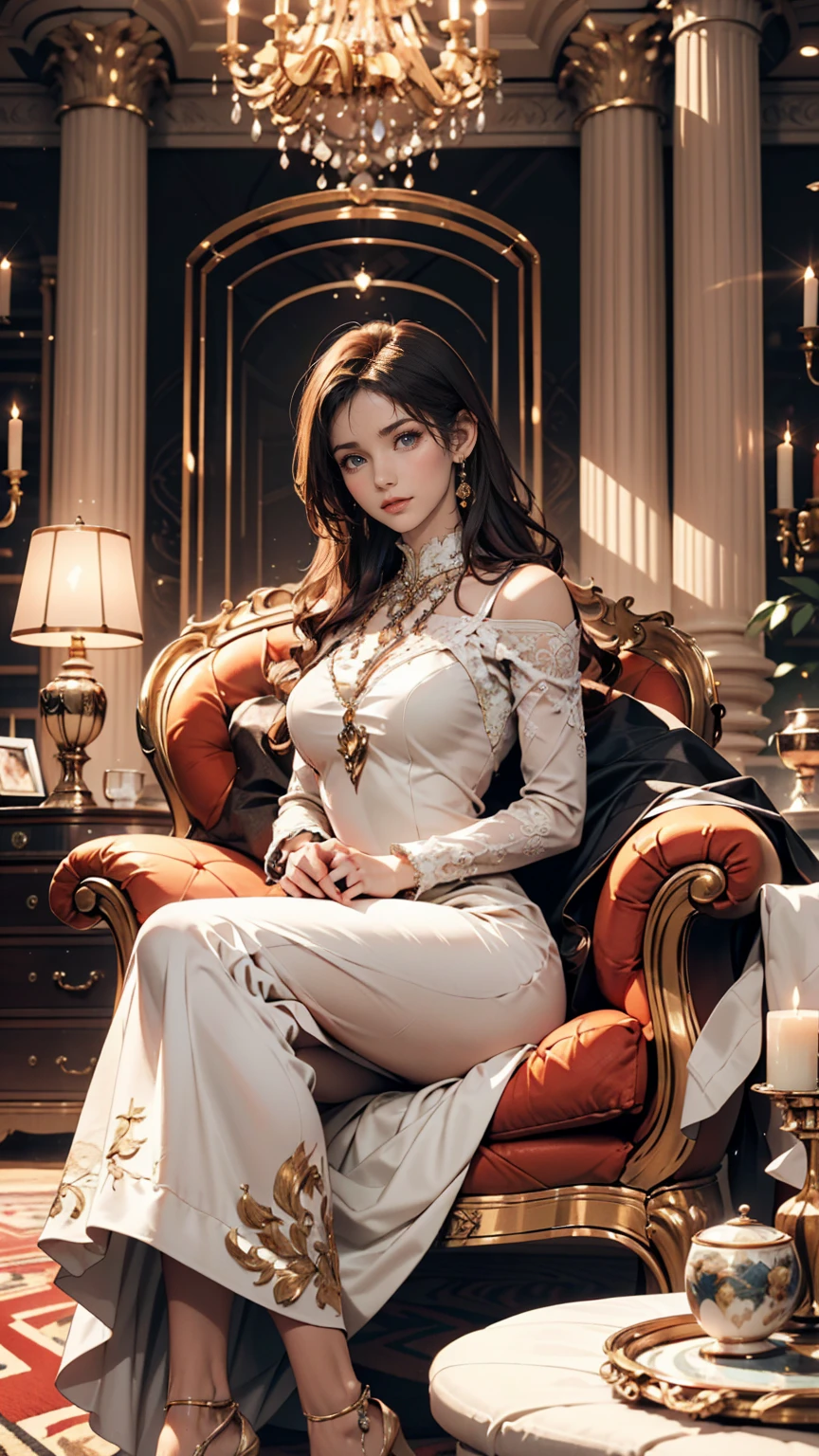European-style decorated living room, Luxurious and sophisticated atmosphere. Exquisite interior details highlight the room's sophisticated style, Carefully considered decorative design adds the perfect finishing touch、Caucasian woman wearing a luxurious dress、Sit on a one-seater sofa、Crossing your legs、rest one's chin on one's arm